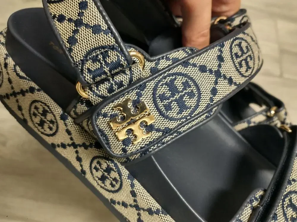Tory Burch T Monogram Kira Sport Sandals Womens 10 Blue Jacquard Leather